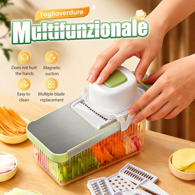 Multifunctional Vegetable Slicer, 6 in 1 Slicer Veggie Shredder with Safe Hand Guard, Multi Blade Adjustable Garlic Slicer, Easy-Clean & Compact Storage, Portable Kitchen Gadget (6 Blade Magnetic)