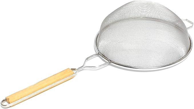 Soro Essentials- 10.25" Stainless Steel Single Fine Mesh Strainer with Wooden Handle Pan Hook- Single Tinned Fine Kitchen Food Strainer for Sift Drain Straining Liquids Stocks Sauces Soups Pasta