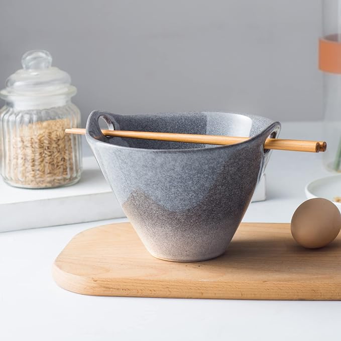 UNICASA Japanese Ramen Bowl Set with Chopsticks, Spoons and Rests, 20oz Deep Porcelain Noodle Bowl Set of 2 for Udon, Pho, Salad, Soup (Reactive Gray)