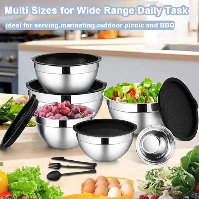 Thsinde Mixing Bowl with Airtight Lids Set of 6, Stainless Steel Nesting Salad Bowls for Mixing & Serving, 3 Grater Attachments & Non-Slip Bottoms (Size 7-1QT)