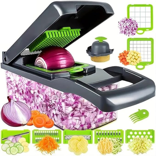 15-in-1 Vegetable Chopper with Storage Container, Gray Green, Multi-Blade Food Slicer, Dicer, Grater Set, 10x4x4 Inch, Kitchen Mandoline for Onion, Garlic