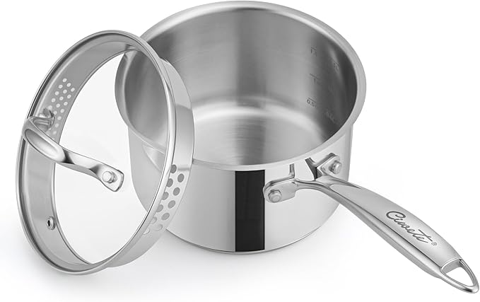 Ciwete 2 Qt Stainless Steel Saucepan with Glass Strainer Lid, 2 Quart Pot Stainless Steel Sauce Pan with Pour Spout, Mirror Polishing, Compatible with All Cooktops Dishwasher Safe Oven Safe
