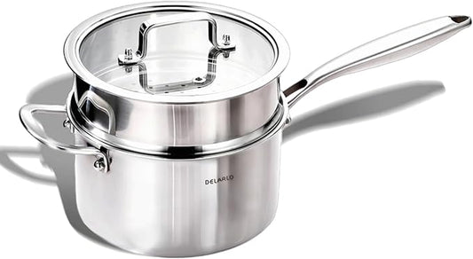 DELARLO Tri-Ply Whole-Clad Stainless Saucepan 3.5 Quart Steamer Set With Glass Lid, Ergonomic Handle, Vegetable Steamer, Multipurpose Sauce Pan, Kitchen Sauce Pot, Oven Safe