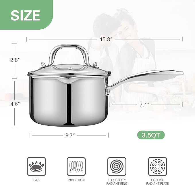 Fracoda 3.5 Quart Stainless Steel Pot Saucepan with Glass Strainer Lid, Sauce Pot with Two Side Spouts, Induction Cooking Pot, Multipurpose Sauce Pan with Lid for Cooking(Tri-Ply Full Body)