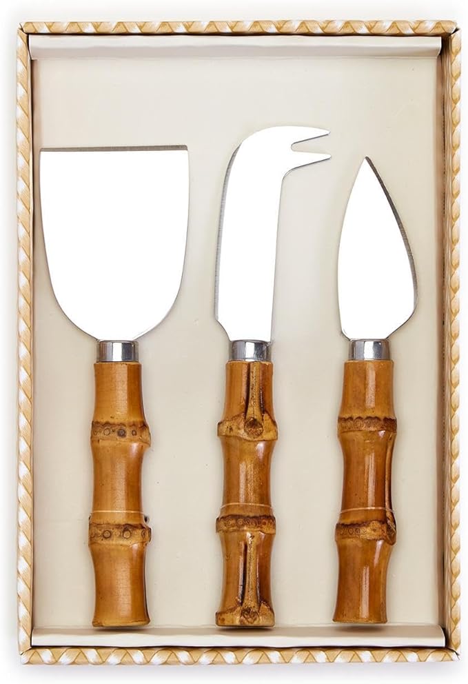 Two's Company Set of 3 Natural Bamboo Handle Cheese Knives in Gift Box