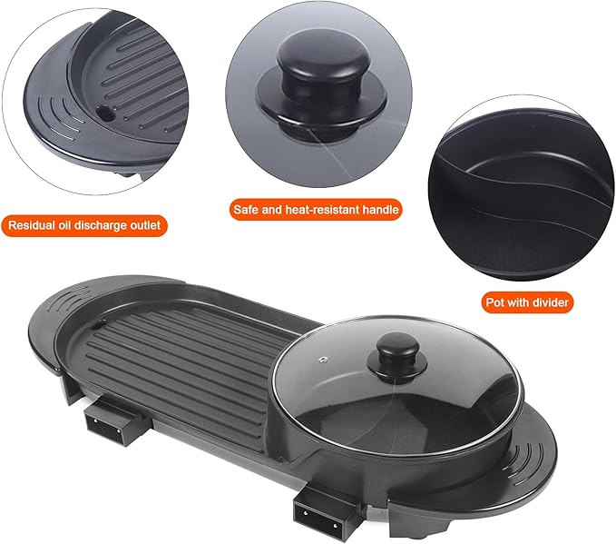 Electric Hot Pot with Grill 2 in 1 Shabu Shabu Hot Pot Korean BBQ Grill Removable Nonstick Smokeless Dual Temperature Durability Adjustable Thermostat