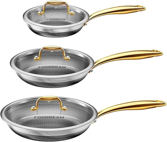 Fogdream 8"10"12" Non Stick Frying Pans, Stainless Steel Skillet with Lid,Tri-Ply Stainless Steel for All Cooktops, Dishwasher and Oven-Safe Cooking Pan, Stay-Cool Handle, Gold