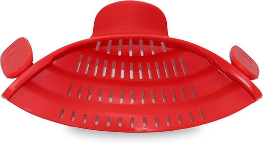 Cheer Collection Silicone Clip on Pot Strainer, Heat-resistant Snap-On Strainer for Pasta, Noodles, Rice, Meats and Vegetables, Red