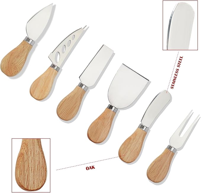 6 Pcs Cheese Knives Set, Cheese Knives with Cheese Slicer Cheese Cutter Cheese Fork, Stainless Steel Cheese Spreading Knife for Charcuterie Boards and Cutlery Gift Set(Oak Handle)