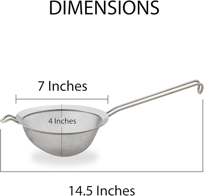HIC Kitchen Fine Double Mesh Strainer, 18/8 Stainless Steel, 7-Inch, For Sifting Baking Ingredients, Straining, And Draining Stocks, Soups, And Sauces
