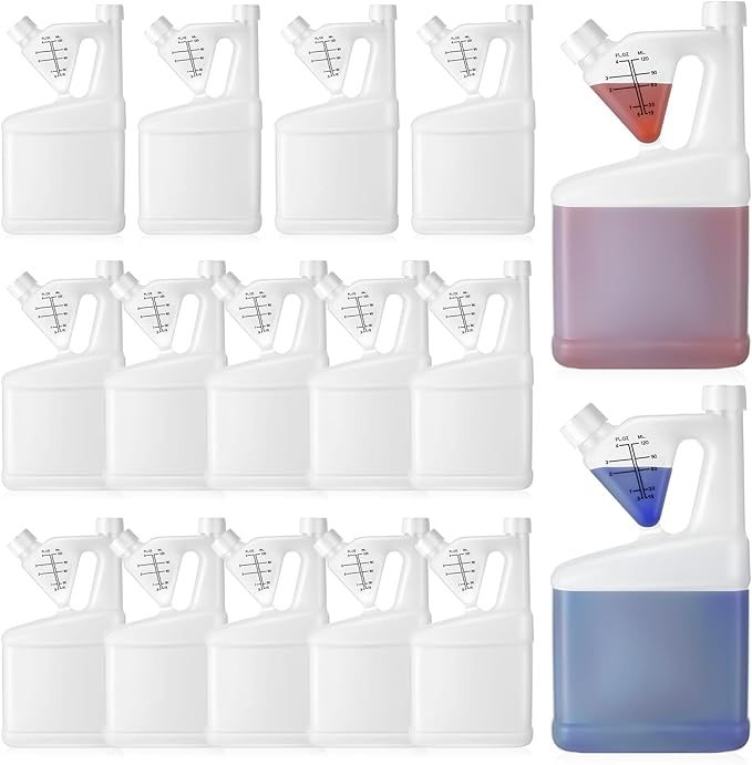 16 Pcs 32oz Tip Measure Containers Tip and Pour Measuring Containers Chemical Measuring Cups with Lids Plastic Bottle, up to 4oz Capacity (32oz)
