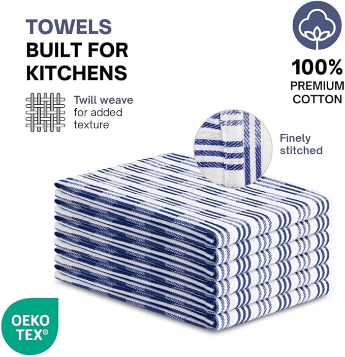 Kitchen Towel Set of 6-100% Cotton Quick-Drying & Absorbent Dish Cloths - 18x28 Inch Farmhouse Tea Towels with Blue Stripes, Twill Weave