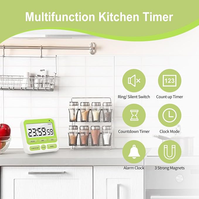 Multifunctional Kitchen Timer with Silent/Alert Mode, 24-Hour Clock, Memory Recall, Fast-Forward, and Magnetic Back for Cooking, Baking, Teaching(Green)