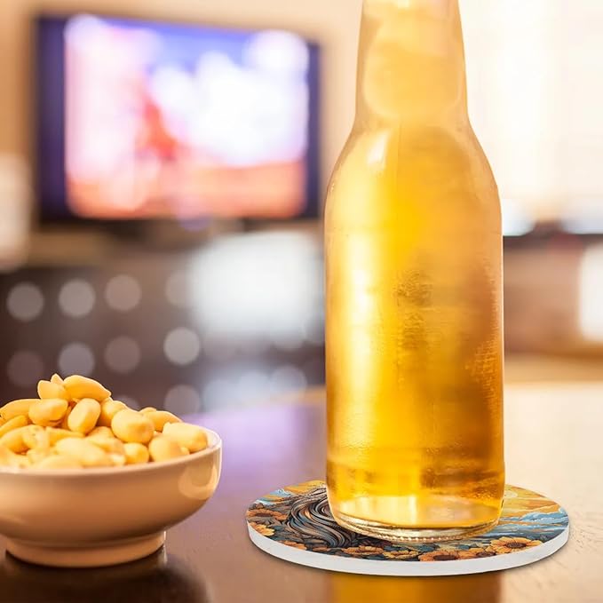 Round Coasters Set of 2, Manes Horse Sunflowers Sunshine Absorbent Ceramic Coaster with Cork Base, Bar Coasters for Drinks Coffee Mugs Tea Cups Wine Glasses Home Decor Gifts (4 inches)