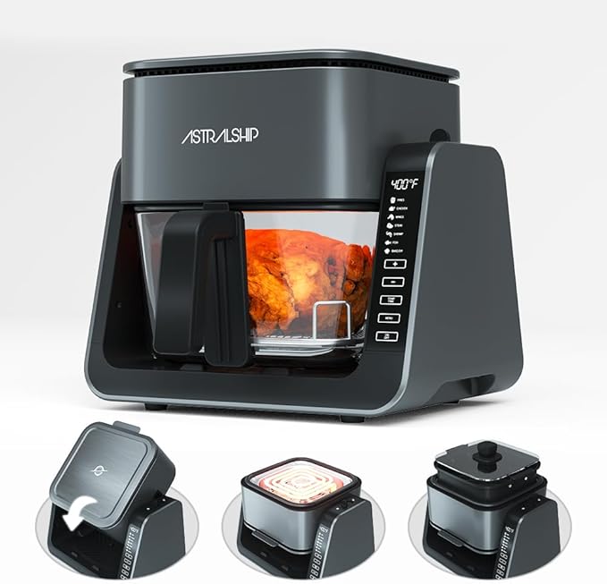 Astralship Glass Air Fryer, 2-in-1 Flip Airfryer & Grill Combo, Non-Toxic Teflon Free (No Plastic Smell), 360° Visible Cooking, 7 Presets, Compact for 1-2 People, 5.5QT Total Capacity, Dishwasher Safe