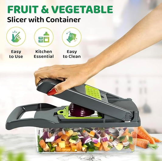 Vegetable Chopper Mandoline, Onion Chopper 16 in 1 Multifunctional Food Chopper with 9 Blades Slicer Dicer Cutter & Dicing Machine with Container in Grey and Green Colour