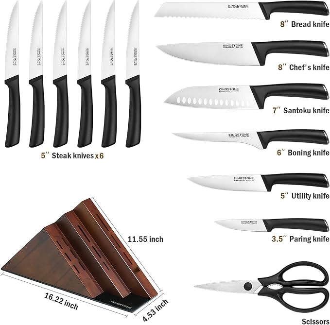 KINGSTONE 14-Piece Knife Block Set, Precision-Honed High-Carbon Stainless Steel Knives with Long-Lasting Sharpness, Ergonomic Balanced Handles for Home & Serious Cooks, Walnut