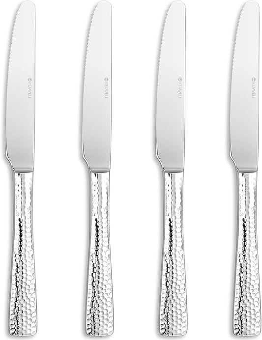 KEAWELL Premium 9.5" Louis Dinner Knives, Set of 4, Stainless Steel Dishwasher Safe, Serrated Knives (Hammered)