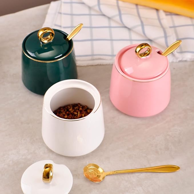 WHJY Ceramic Sugar Bowl with Lid and Spoon, Simple White Clear Porcelain Salt Bowl Salt Container, Modern Spice Box Seasoning Jar for Home and Kitchen Coffee Bar - Pink