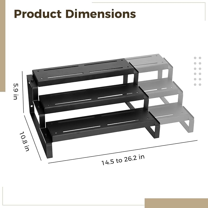 3-Tier Spice Organizer, Expandable Width Spice Organizer for Cabinet, Seasoning Organizer Metal Display Shelf, Countertop Spice Rack for Cabinet, Pantry