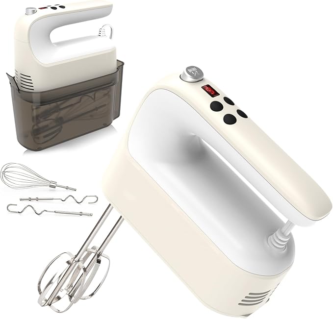 Yomelo 9-Speed Digital Hand Mixer Electric, 400W Powerful DC Motor, Hand Mixer Electric Handheld with Snap-On Storage Case, 5 Stainless Steel Accessories, Beaters, Dough Hooks, Whisk(Cream White)