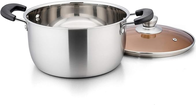 P&P CHEF 6 Qt Stockpot with Lid, Stainless Steel Cooking Stock Pot for Soup, Heat-Proof Double Handles with Visible Lid, Dishwasher Safe & Healthy, 1-Ply Metal