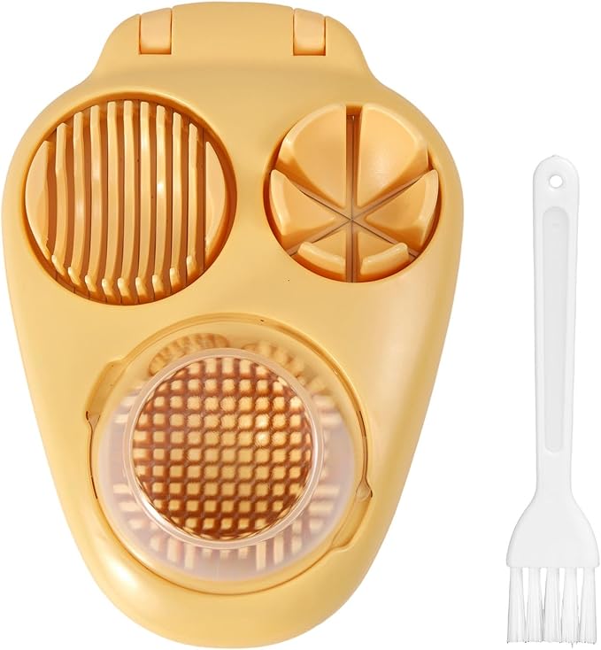 3 in 1 Way Hard Boiled Egg Slicer, Plastic Egg Cutter & Dicer Chopper with 3 Slice Modes and Cleaning Brush for Strawberries Apples Tomatoes Mushrooms & Soft Fruits Food Kitchen Tool Gadgets (Yellow)
