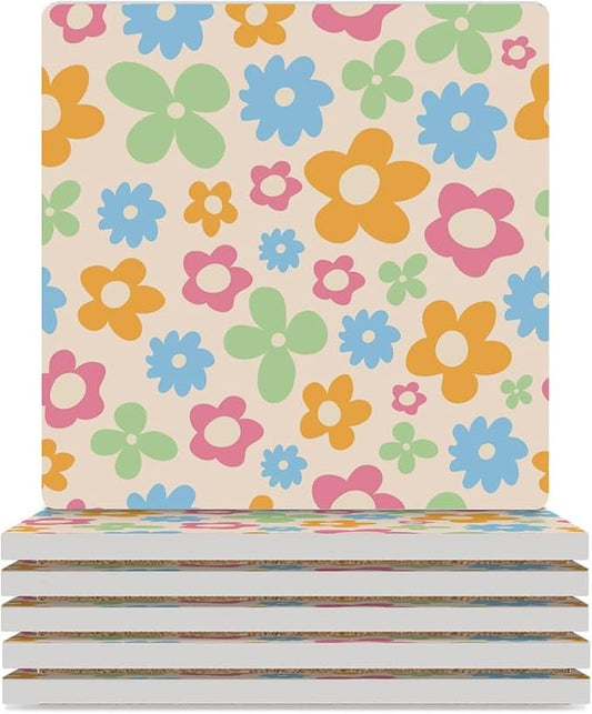 Floral Drink Coasters, Square Ceramic Drink Coaster Square-6PCS, Cartoon 70s Cute Flower Abstract Pastel Daisy Floral Decor Absorbent Ceramic Coasters for Beverage Cup, Bar, Coffee Table