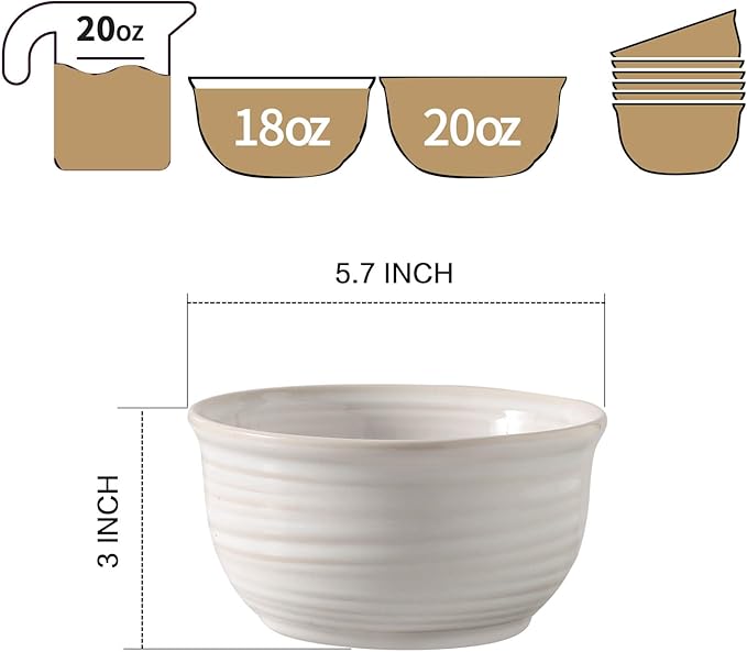 Soup Bowls, 20 Ounce Deep Ceramic Cereal Bowls for Kitchen Home, Serving Bowls Set of 6 Perfect for Oatmeal Rice Pasta Salad Dessert Breakfast, Microwave & Dishwasher Safe, Arctic White