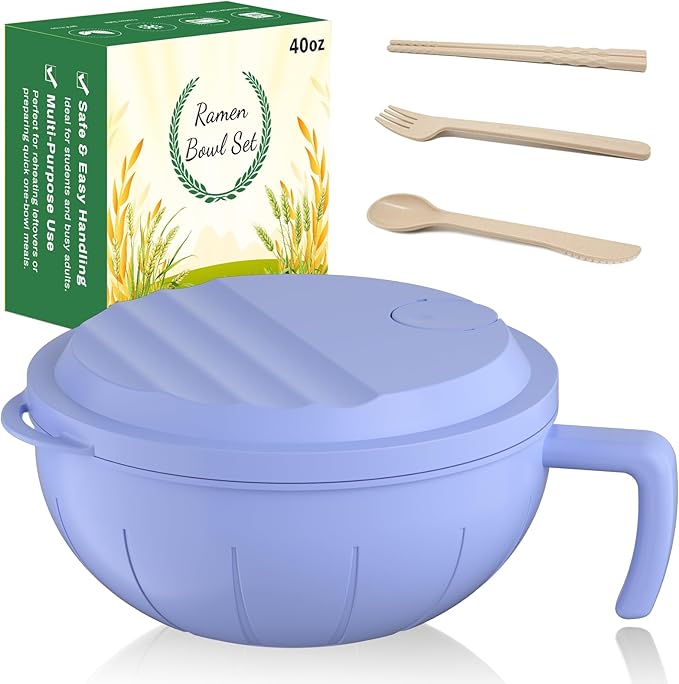 steo spce Large Ramen Bowl Set, 40 Oz Microwaveable Noodle Cooker with Leak-Proof Lids, Chopsticks, Spoon & Fork – Portable and Dishwasher Safe, Ideal for Home, Office, Dorm, or Gift Light (Purple)
