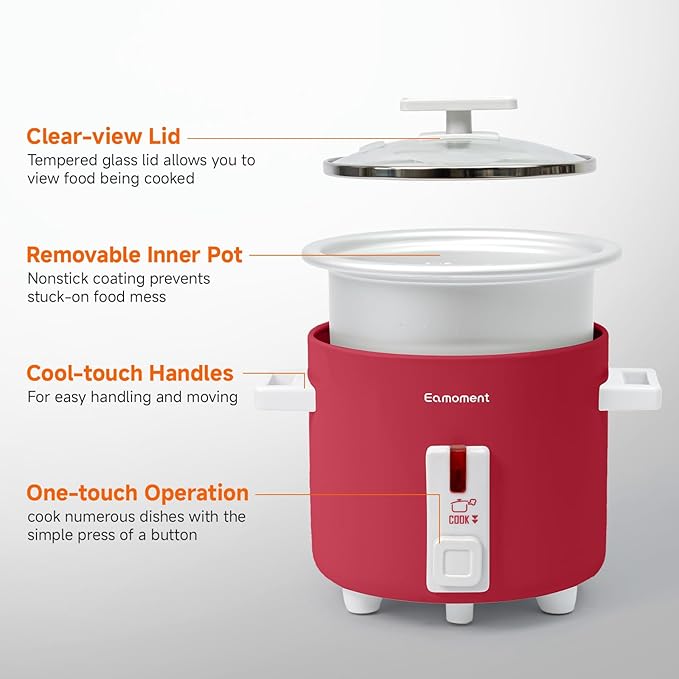 1.5L Mini Rice Cooker with Removable Non-Stick Pot, Portable Rice Maker with Keep Warm Function Suitable for 1-2 People, Red