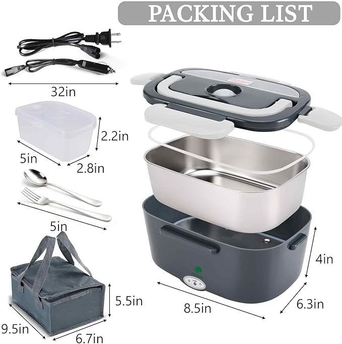 Electric Lunch Box For Adults, 80W Heated Lunch Box for Men 1.5L Stainless Steel, Portable Food Warmer for Car Truck Work, 12/24/110V, Loncheras Para Hombres De Trabajo, Heatable Lunchbox,White Grey