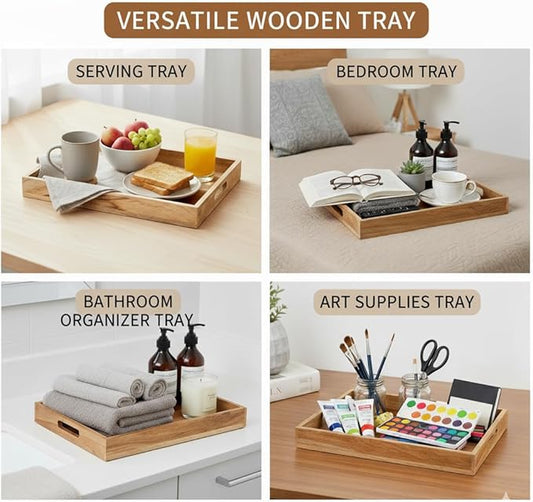 Mela Artisans Wooden Serving Tray with Handles | 15x10x1.75 inch | Mango Wood Decorative Tray | Ottoman Tray | Snacks | Desserts | Breads | Coffee Table | Bedroom | Rectangular Edge Design
