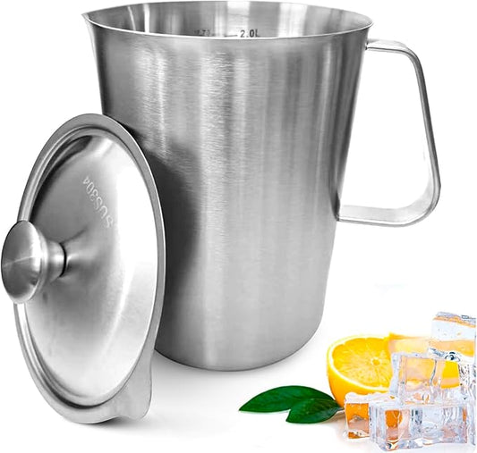 70 oz Stainless Steel Pitcher with Lid, Metal Measuring Cup with Marking with Handle, 2 L Large Mouth Graduated Beakers, Milk Frothing Jug for Espresso Machines, Latte Art, Iced Tea, Hot/Cold Water