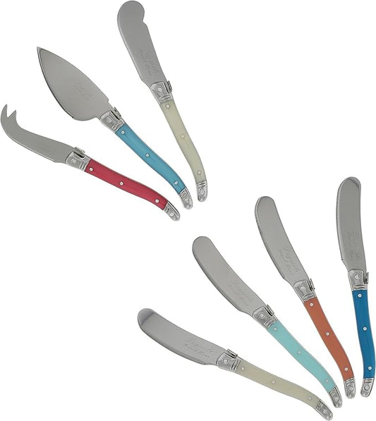 French Home Laguiole 7-Piece Cheese Knife Set - Includes Stainless Steel Spade, Spear Knife, Soft Cheese Knife & 4 Spreaders with Three-Rivet Curved Coral & Turquoise Handle and Bee Emblem