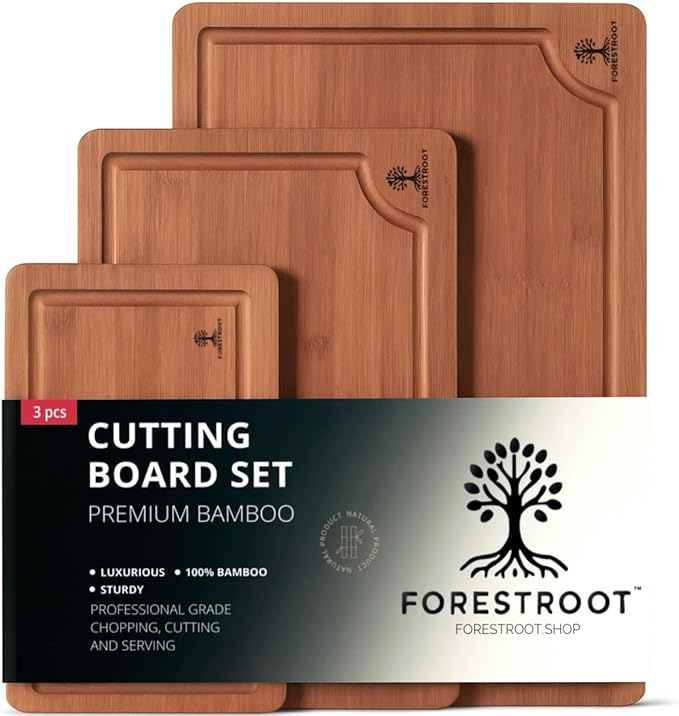 Forestroot Bamboo Cutting Board Set – 3-Piece Wooden Kitchen Boards for Meal Prep & Serving – Durable Bamboo with Deep Juice Groove & Side Handles – Great for Meat, Vegetables & Charcuterie(Brown)