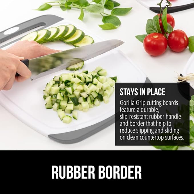 GORILLA GRIP BPA-Free Reversible Kitchen Cutting Board Set of 3, US Designed, Nonporous, Juice Grooves Catch Liquid, Slip Resistant Border, Dishwasher Safe, Durable Large Food Chopping Boards, Gray