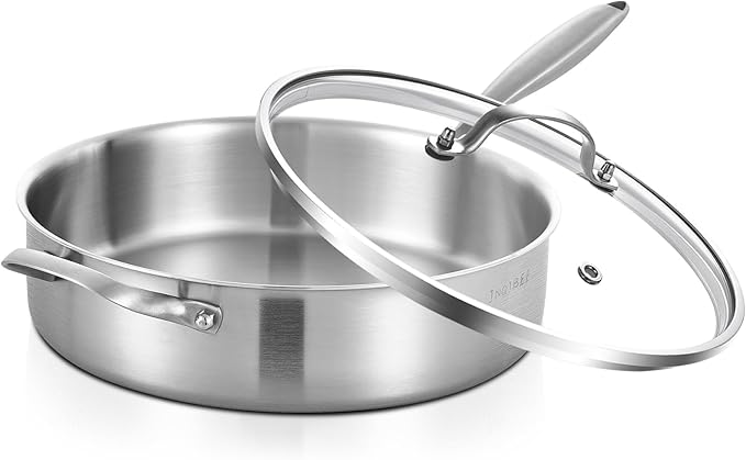 Inqibee Tri-Ply 5 Quarts Stainless Steel Sauté Pan with Lid, 12 Inch Induction Deep Frying Pan, Large Skillet,Jumbo Cooker, Dishwasher and Oven Safe,Detachable Handle.