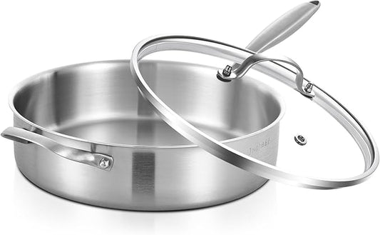 Inqibee Tri-Ply 5 Quarts Stainless Steel Sauté Pan with Lid, 12 Inch Induction Deep Frying Pan, Large Skillet,Jumbo Cooker, Dishwasher and Oven Safe,Detachable Handle.