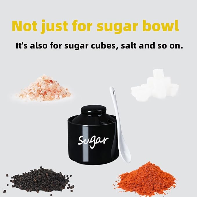 ONTUBE Ceramic Sugar Bowl with Lid and Spoon,Porcelain Sugar Pot,8oz (Black)