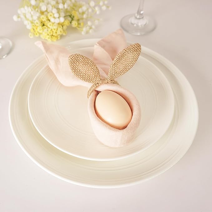 Easter Napkin Rings Set of 6, Burlap Jute Bunny Ear Napkin Rings, Rabbit Ear Napkin Ring Holders for Easter Party Banquet Dinning Spring Table Decoration