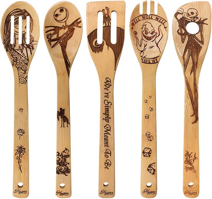 Halloween Idea Utensil Burned Wooden Spoons Set House Warming Wedding Present Slotted Spoon 5 Piece SpoonSet