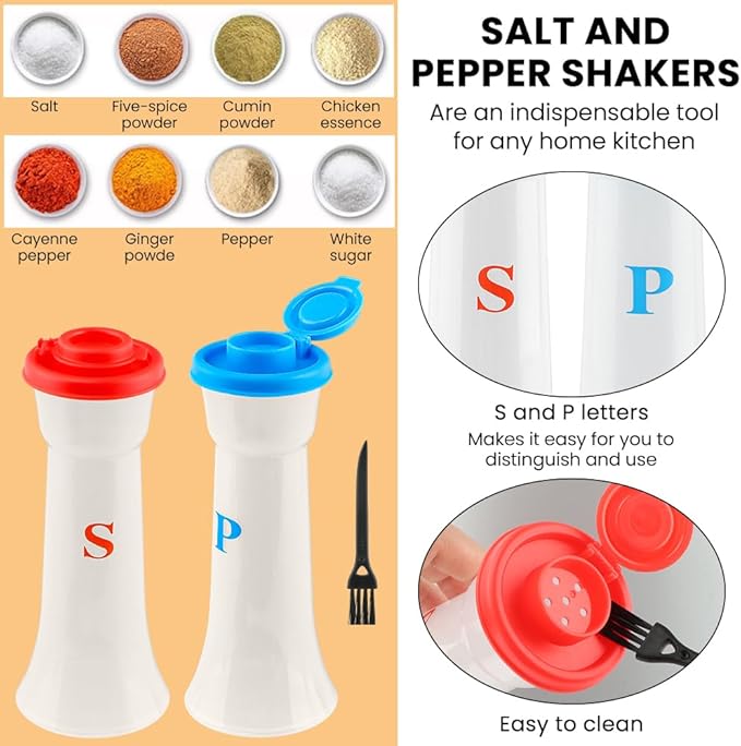 Salt and Pepper Shaker Set, Plastic Salt and Pepper Shaker Set with Lids,Airtight Spice Jar Dispenser for Restaurant Cleaning Brush Camping Home Kitchen Picnic (COLOR:2pcs Blue+2pcs Red)