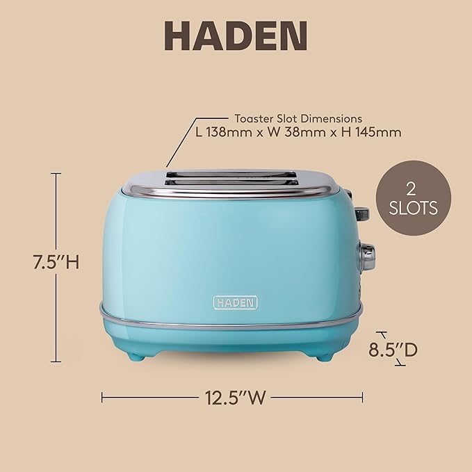 Haden Heritage 2 Slice Wide Slot Stainless Steel Toaster with Adjustable Browning Control & Non-Slip Feet, Turquoise & Chrome