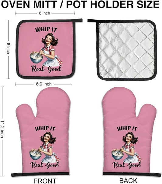 Whip it Real Good Funny Oven Mitts and Pot Holders Set, Humor Chef Tools, Vintage Baking Great Kitchen Mitts, Gifts for Dessert Lovers, Birthday Cooking Gifts for Female Chef Baker Friends