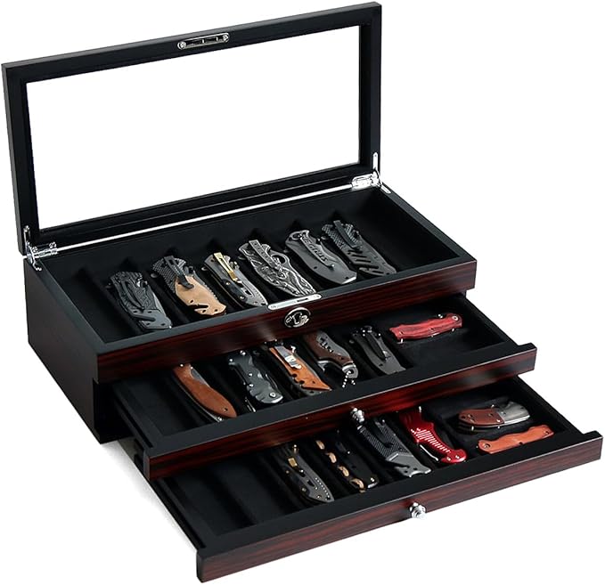 Bonaking Knife Display Case, 22-26 Slot Storage Box, Ebony Veneer, 3-Tier, Lockable, Showcase & Organizer for Pocket Knives, Men Gift, 15.9x7.8x4.5 inches