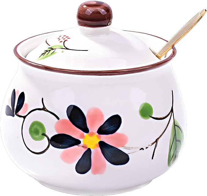 Porcelain Sugar Bowls with Lid and Spoons, Ceramic Seasoning Container for Home and Kitchen (LH)