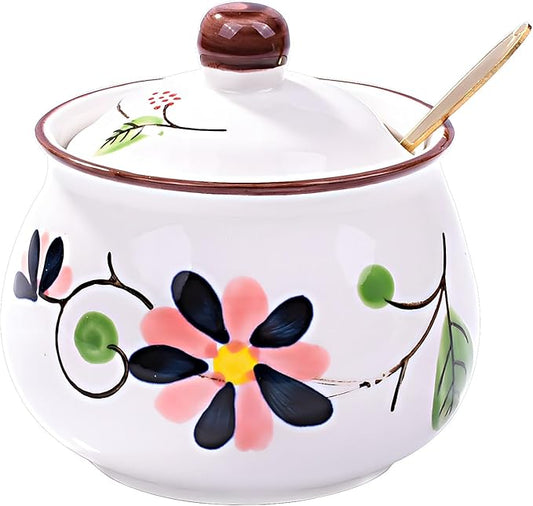 Porcelain Sugar Bowls with Lid and Spoons, Ceramic Seasoning Container for Home and Kitchen (LH)