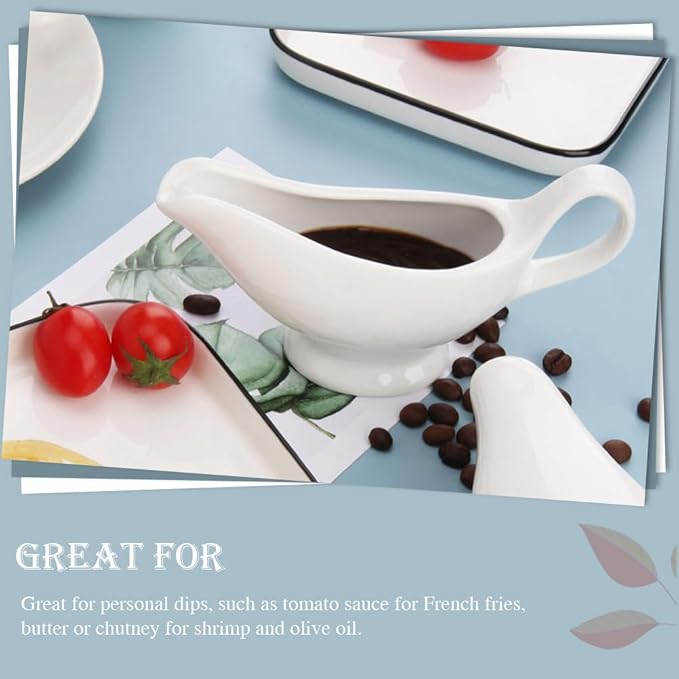 Sewroro 2pcs Ceramic Gravy Boats Sauce Bowls with Handle White Porcelain Serving Bowls for Kitchen Condiments (size 2)
