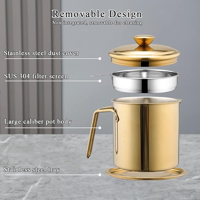 Berglander Gold Bacon Grease Container With Strainer 47oz/1.4L, Titanium Golden Plating Stainless Steel Oil Storage Container with Fine Mesh Strainer Dust-proof for Storing Frying Oil and Cooking Fat